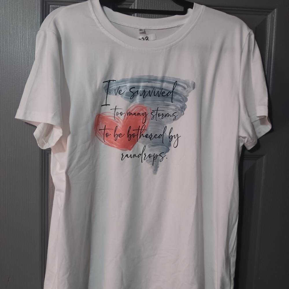 White Graphic Tee with Heart & Tornado Quote